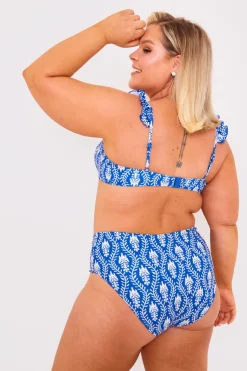 Hot Billie Faiers Printed Frill Strap Bust Detail Bikini Top Navy