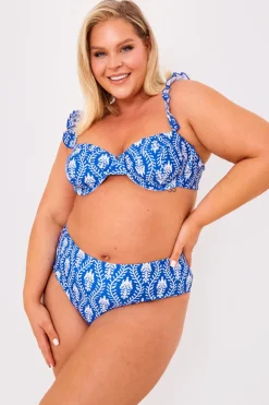 Hot Billie Faiers Printed Frill Strap Bust Detail Bikini Top Navy