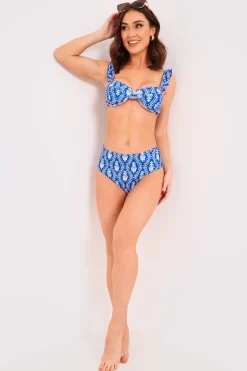 Hot Billie Faiers Printed Frill Strap Bust Detail Bikini Top Navy