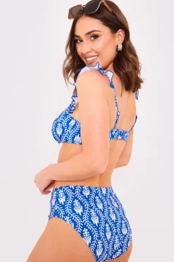 Hot Billie Faiers Printed Frill Strap Bust Detail Bikini Top Navy