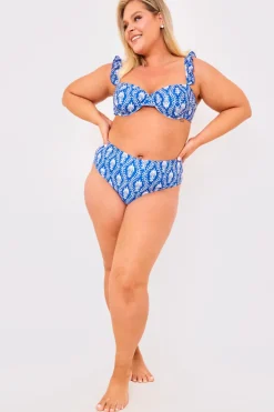 Hot Billie Faiers Printed Frill Strap Bust Detail Bikini Top Navy