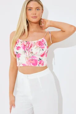 Online In the Style Printed Gathered Bust Co-ord Top Pink