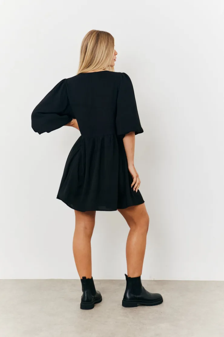 Best In the Style Puff Sleeve Bow Detail Mini Dress Black
