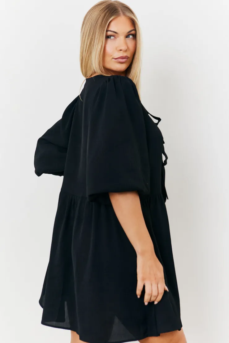 Best In the Style Puff Sleeve Bow Detail Mini Dress Black