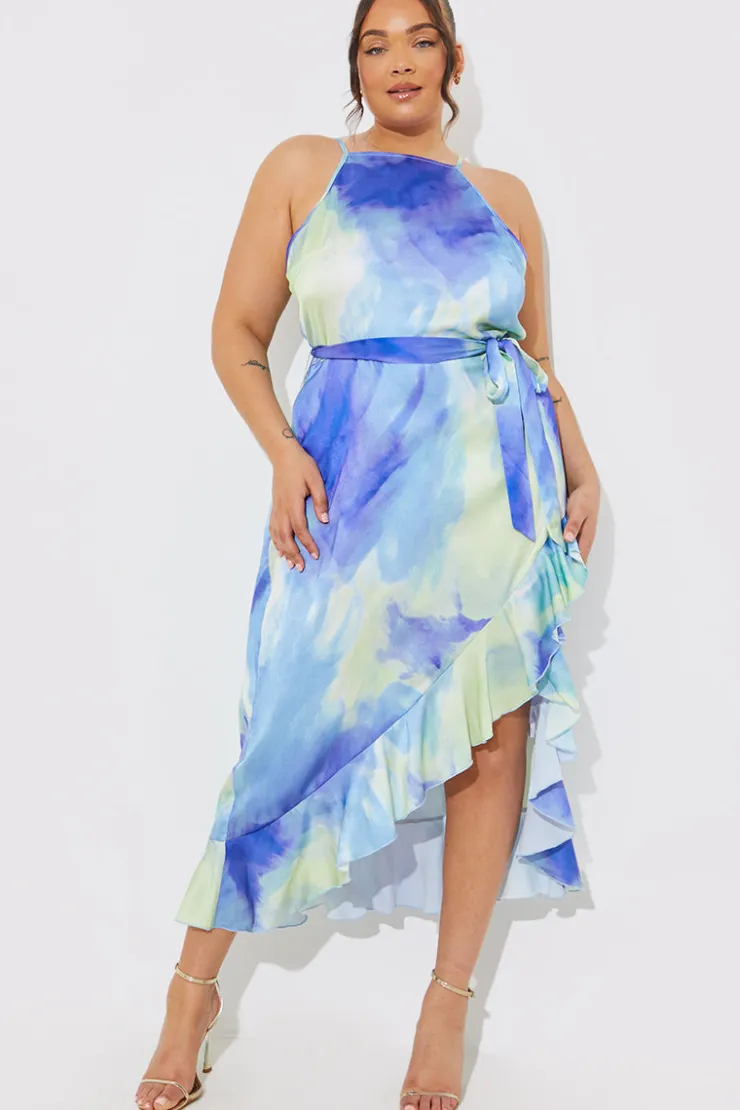 New In the Style Racer Neck Abstract Print Satin Frill Belted Midaxi Dress Blue