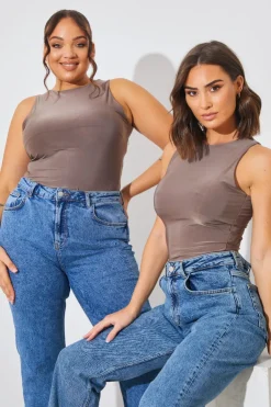 Discount In The Style Racer Neck Double Layer Slinky Bodysuit