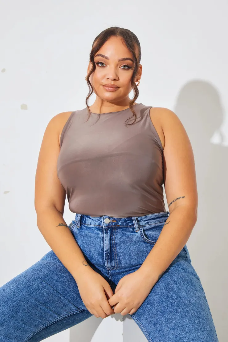 Discount In The Style Racer Neck Double Layer Slinky Bodysuit