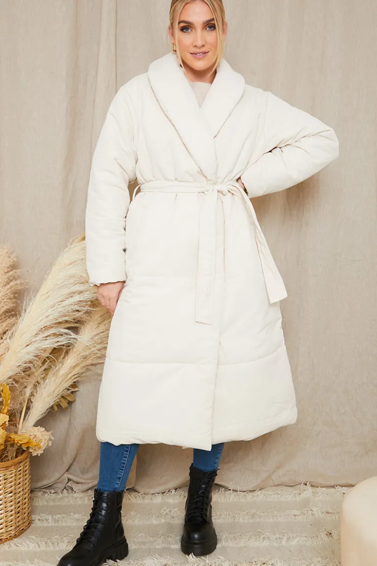 In the Style Recycled Belted Longline Lapel Collar Puffer Stone