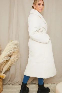In the Style Recycled Belted Longline Lapel Collar Puffer Stone