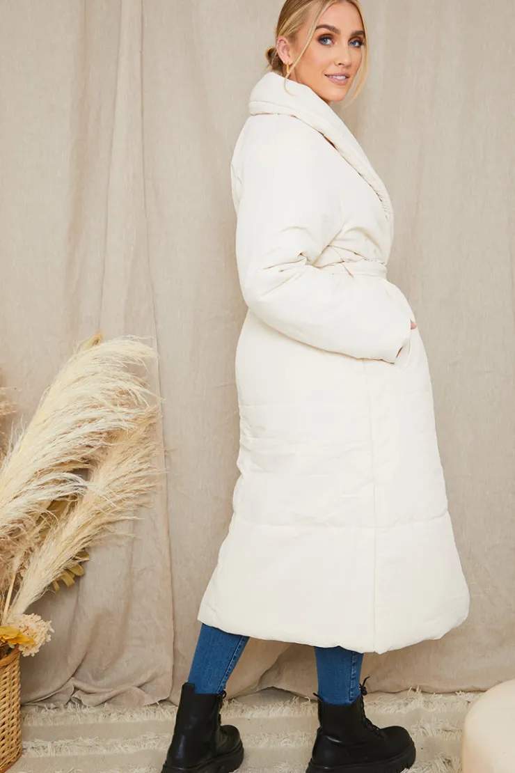 In the Style Recycled Belted Longline Lapel Collar Puffer Stone