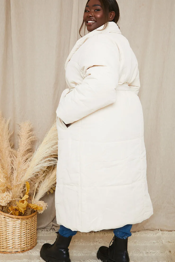 In the Style Recycled Belted Longline Lapel Collar Puffer Stone