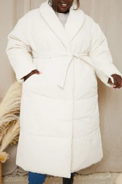 In the Style Recycled Belted Longline Lapel Collar Puffer Stone
