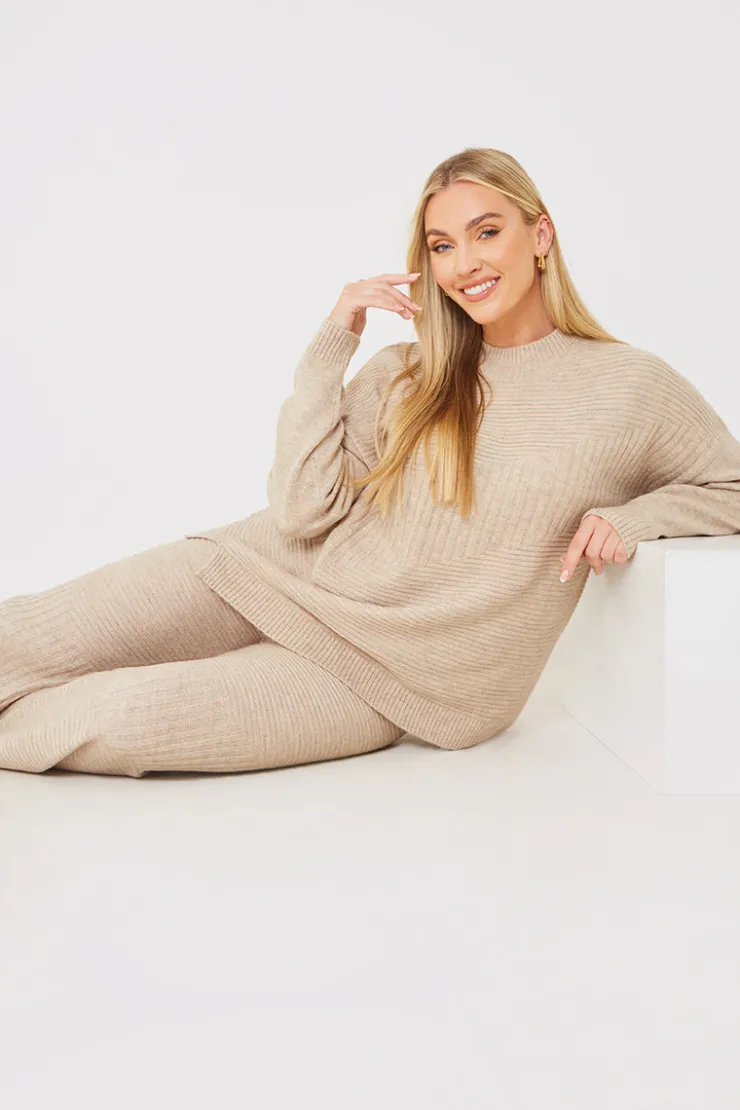 Outlet In the Style Recycled Contrast Knitted Ribbed Co Ord Wide Leg Trouser Oatmeal