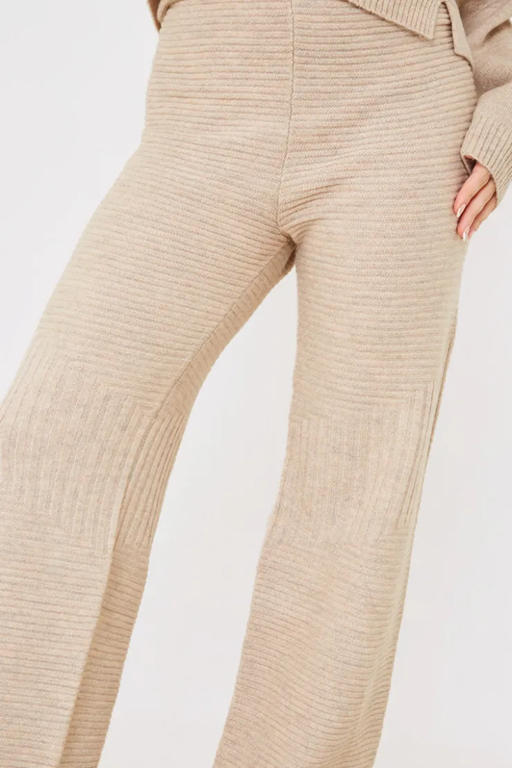 Outlet In the Style Recycled Contrast Knitted Ribbed Co Ord Wide Leg Trouser Oatmeal