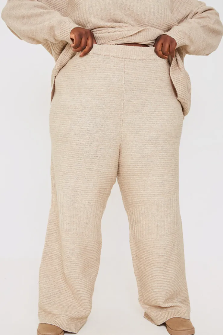 Outlet In the Style Recycled Contrast Knitted Ribbed Co Ord Wide Leg Trouser Oatmeal