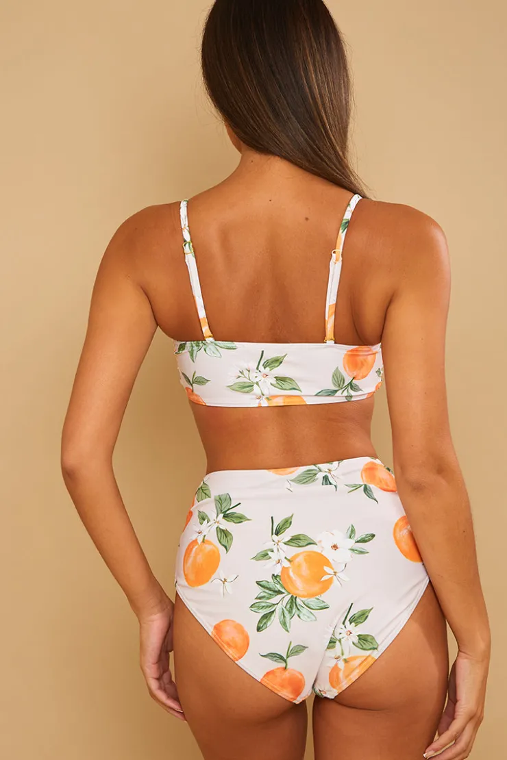 Sale In the Style Recycled Control Orange Print Ruched Detail High Waisted Bikini Bottoms Multi