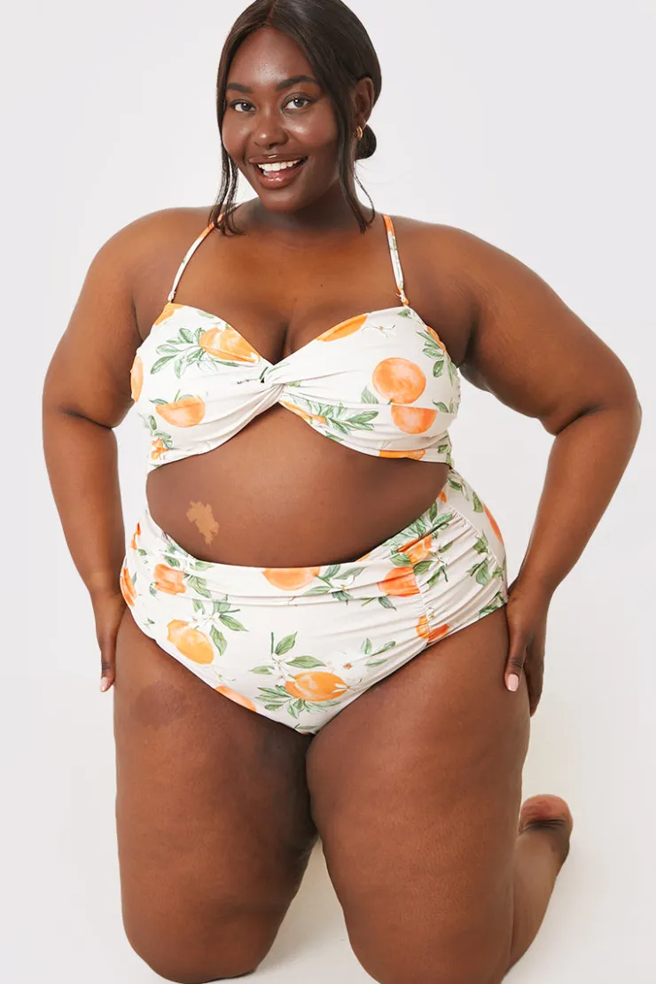 Sale In the Style Recycled Control Orange Print Ruched Detail High Waisted Bikini Bottoms Multi
