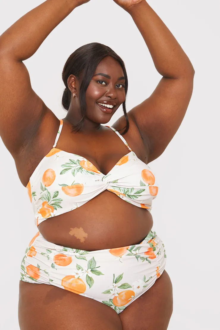Sale In the Style Recycled Control Orange Print Ruched Detail High Waisted Bikini Bottoms Multi