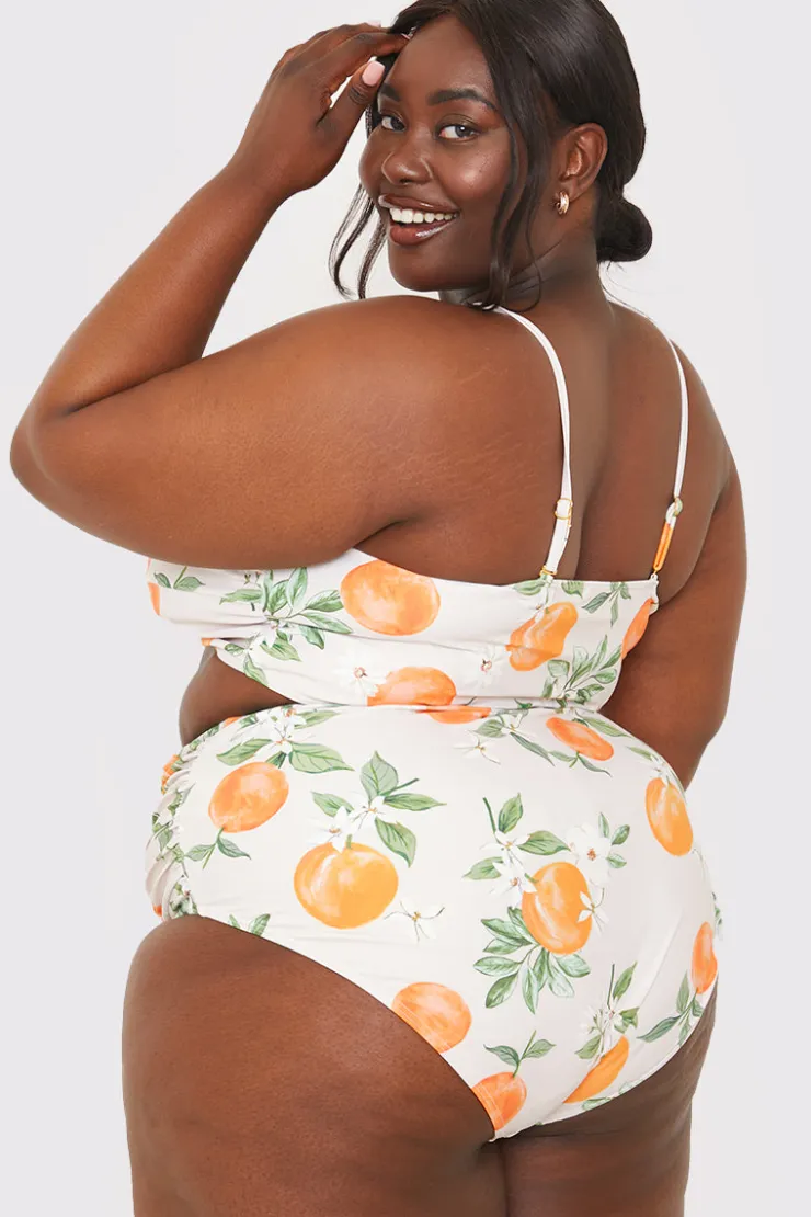 Sale In the Style Recycled Control Orange Print Ruched Detail High Waisted Bikini Bottoms Multi