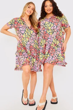 Outlet In the Style Recycled Floral Frill Mini Dress Yellow