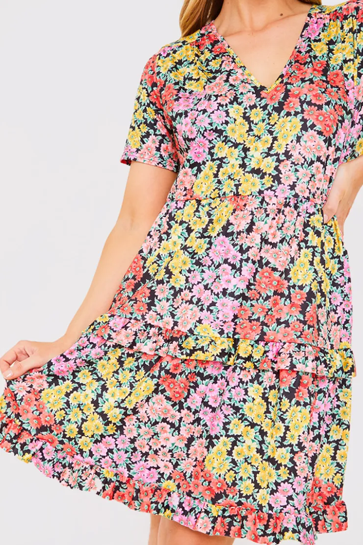 Outlet In the Style Recycled Floral Frill Mini Dress Yellow