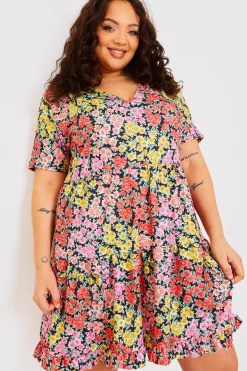 Outlet In the Style Recycled Floral Frill Mini Dress Yellow