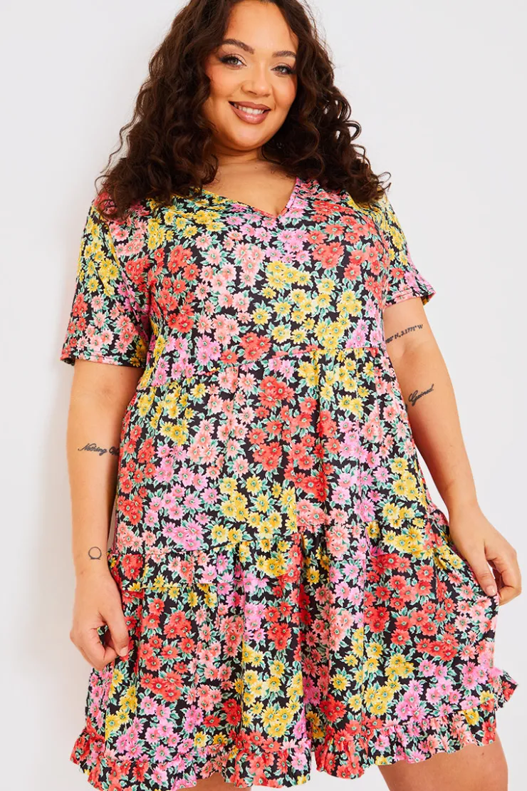 Outlet In the Style Recycled Floral Frill Mini Dress Yellow