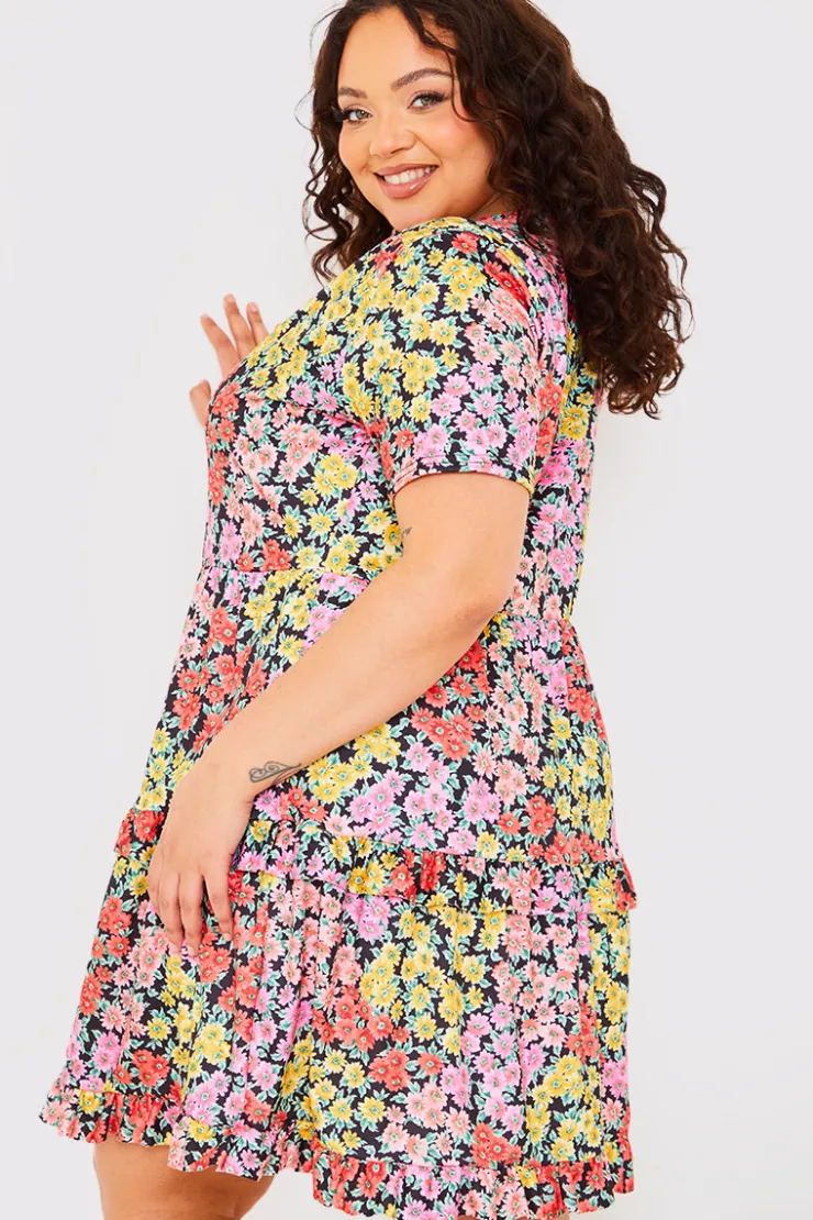 Outlet In the Style Recycled Floral Frill Mini Dress Yellow