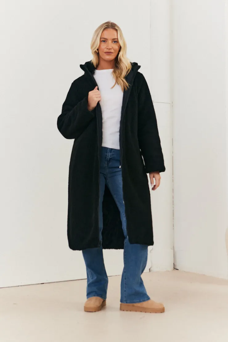 Best In the Style Recycled Reversible Longline Borg Puffer Coat Black