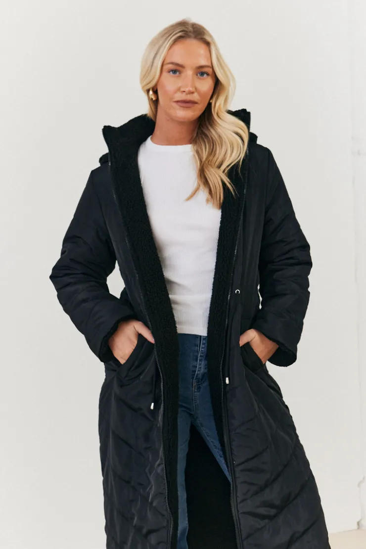 Best In the Style Recycled Reversible Longline Borg Puffer Coat Black