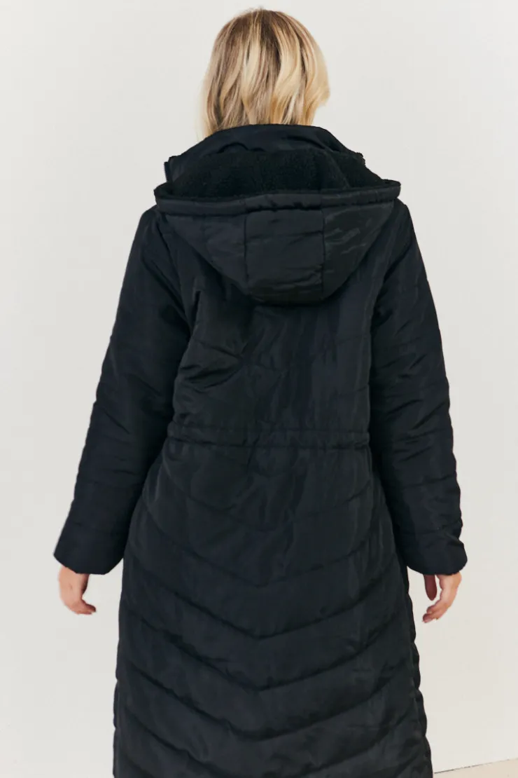 Best In the Style Recycled Reversible Longline Borg Puffer Coat Black