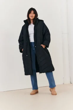 Best In the Style Recycled Reversible Longline Borg Puffer Coat Black
