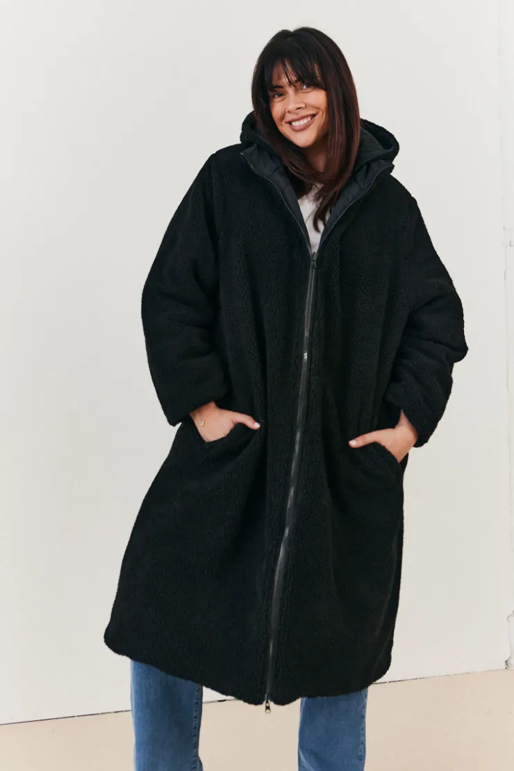 Best In the Style Recycled Reversible Longline Borg Puffer Coat Black