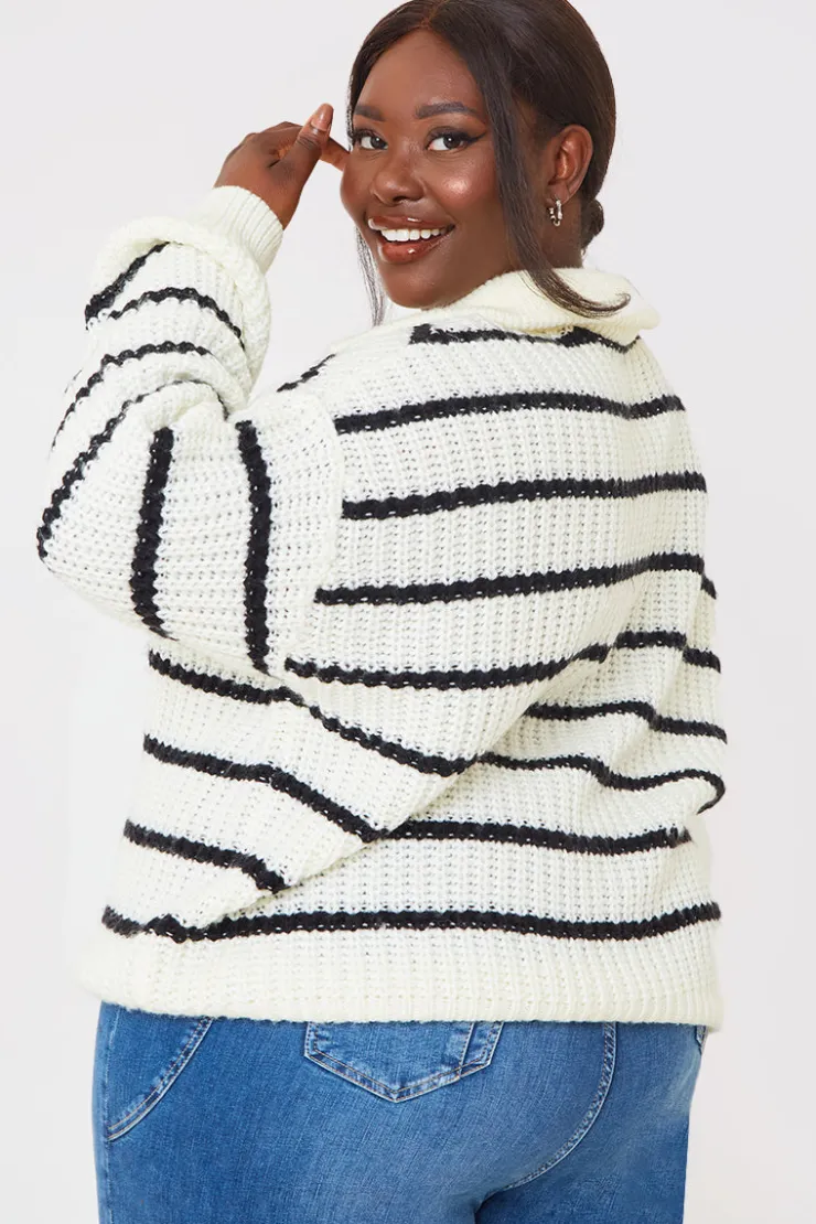 New In the Style Recycled Stripe Half Button Knitted Jumper Black