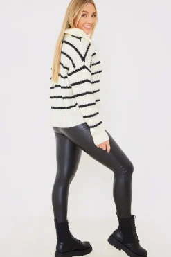 New In the Style Recycled Stripe Half Button Knitted Jumper Black