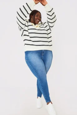 New In the Style Recycled Stripe Half Button Knitted Jumper Black