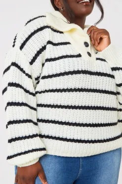 New In the Style Recycled Stripe Half Button Knitted Jumper Black