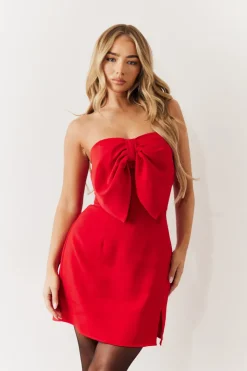 Hot In the Style Bandeau Bow Front Split Hem Mini Dress Red