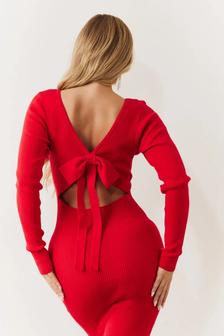 In the Style Bow Back Knitted Midaxi Dress Red