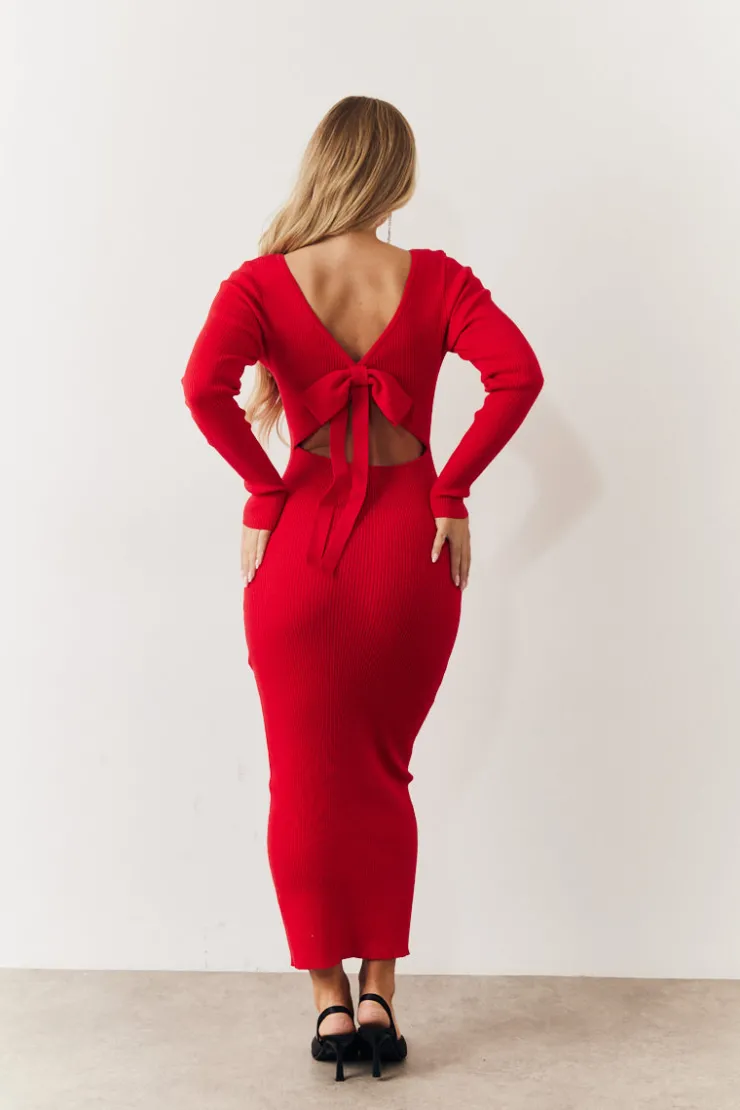 In the Style Bow Back Knitted Midaxi Dress Red