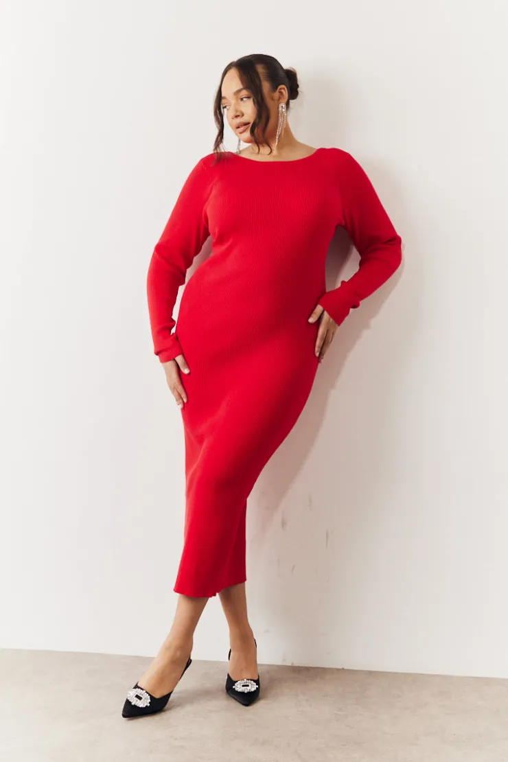 In the Style Bow Back Knitted Midaxi Dress Red