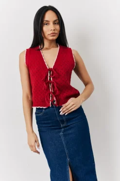 Clearance In The Style Contrast Edge Tie Front Knitted Waistcoat Red