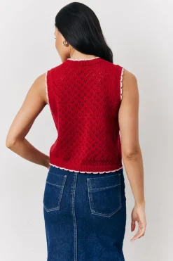 Clearance In The Style Contrast Edge Tie Front Knitted Waistcoat Red