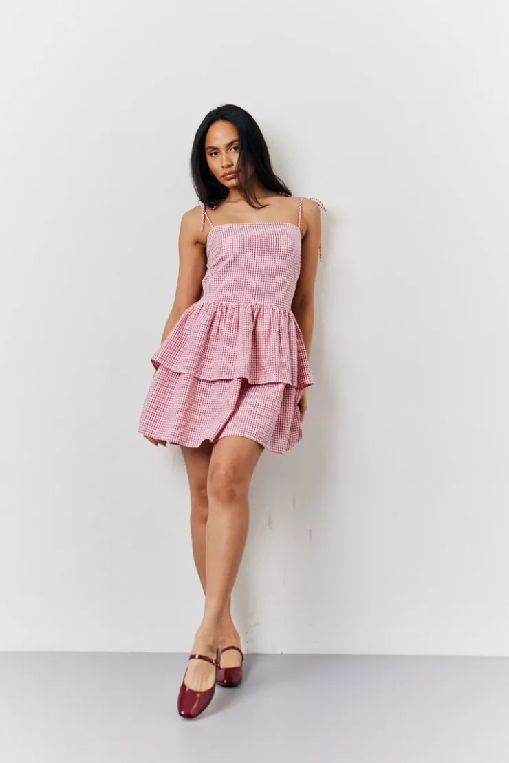 Online In The Style Seersucker Gingham Shir Mini Dress Red