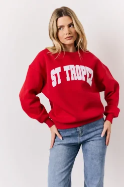 Hot In The Style St Tropez Embroide Slogan Sweatshirt Red
