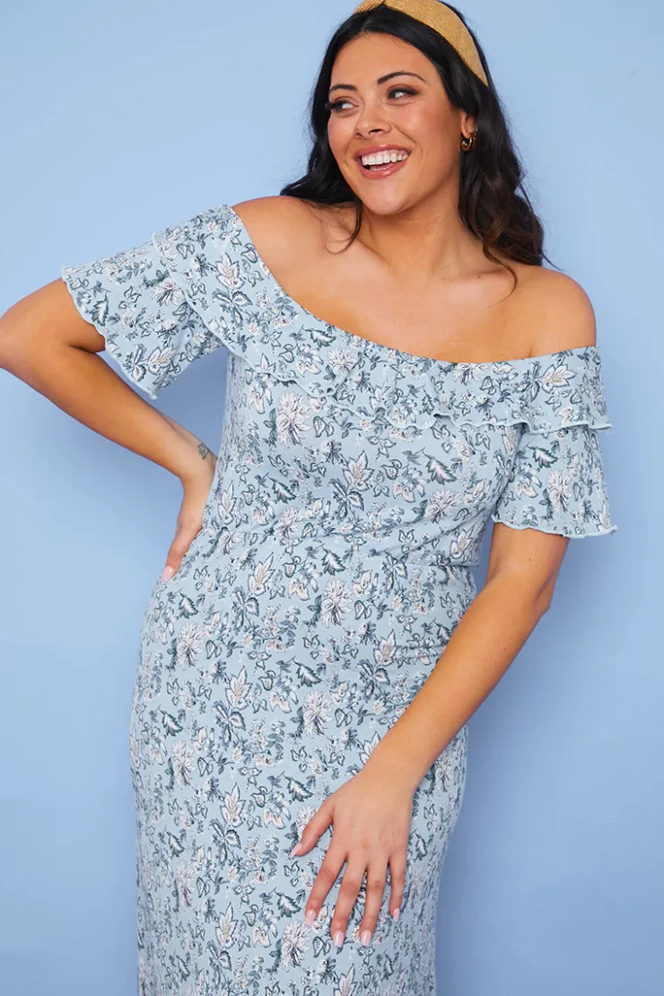 New In the Style Responsible Viscose Paisley Bardot Midi Dress Blue