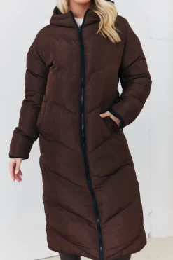 In the Style Reversible Hooded Longline Puffer Coat Chocolate