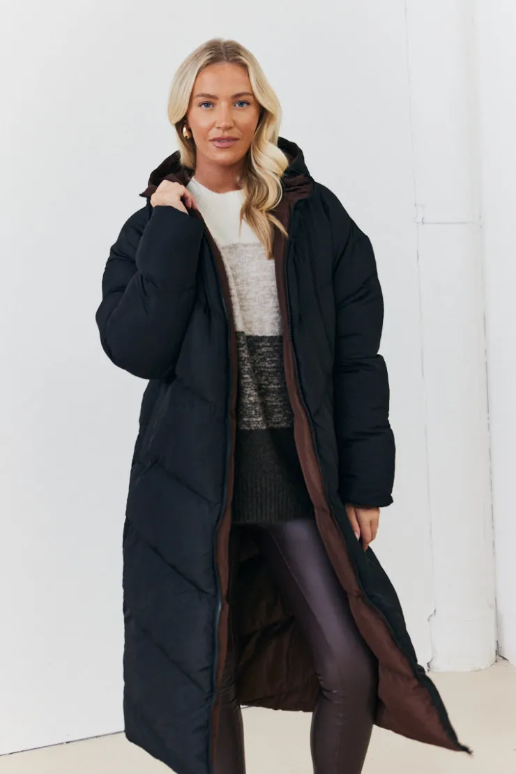 In the Style Reversible Hooded Longline Puffer Coat Chocolate