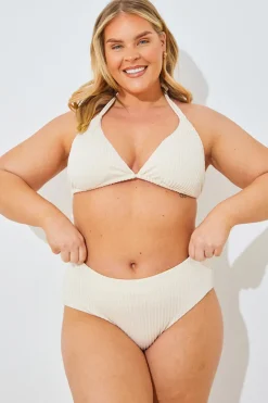 New In the Style Rib Boomerang High Leg Bikini Bottom Cream
