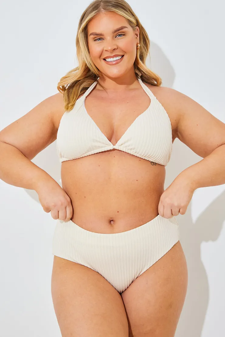 New In the Style Rib Boomerang High Leg Bikini Bottom Cream